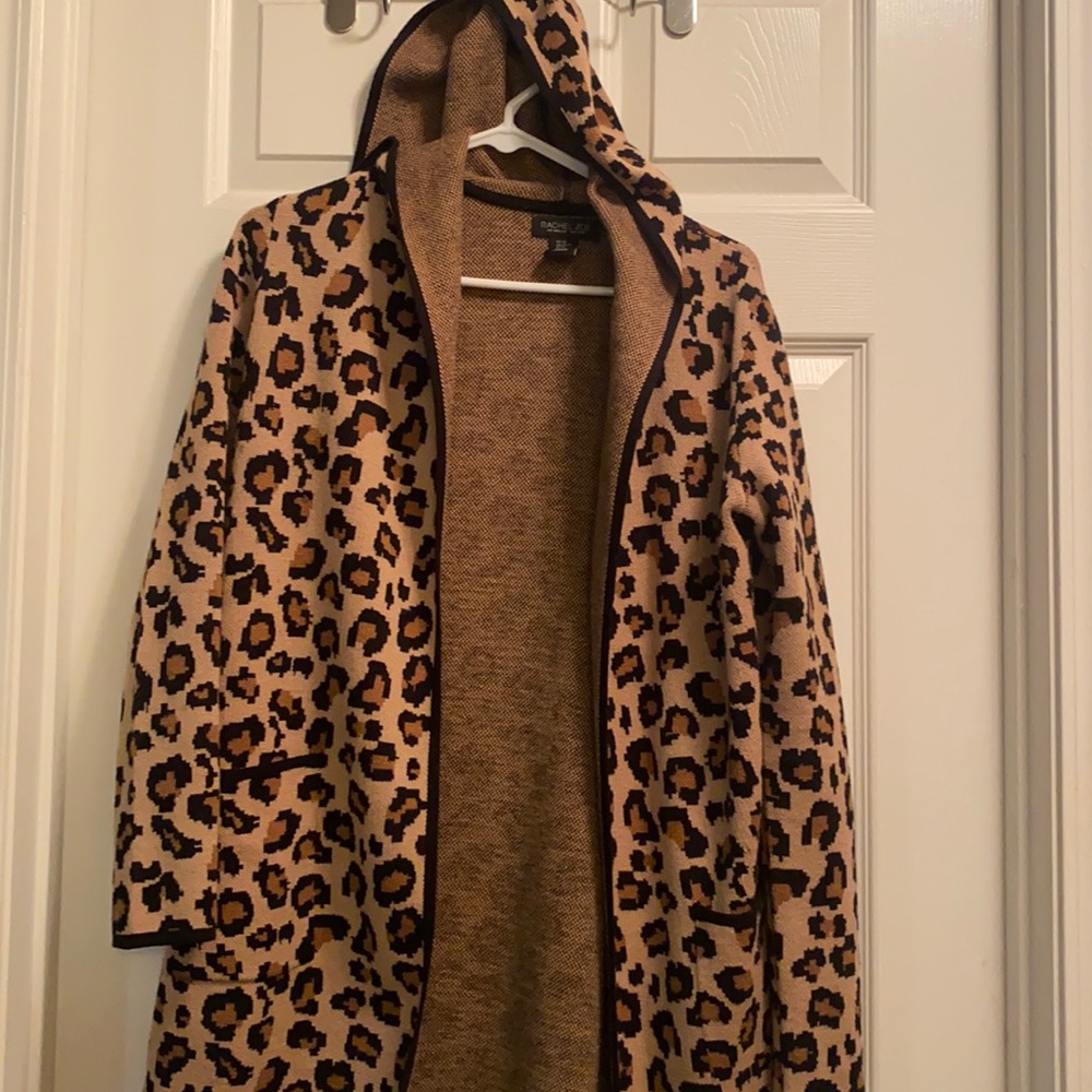 Never worn, long cardigan, leopard print, with hood and pockets